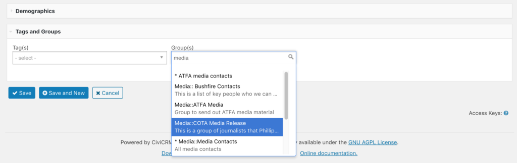 Screenshot of adding a contact to a group.